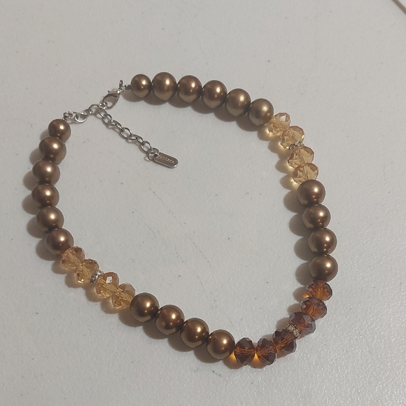 Kissaka Jewelry - Kissaka Cognac And Topaz Shade Glass Crystals And Faux Pearls Bead Necklace